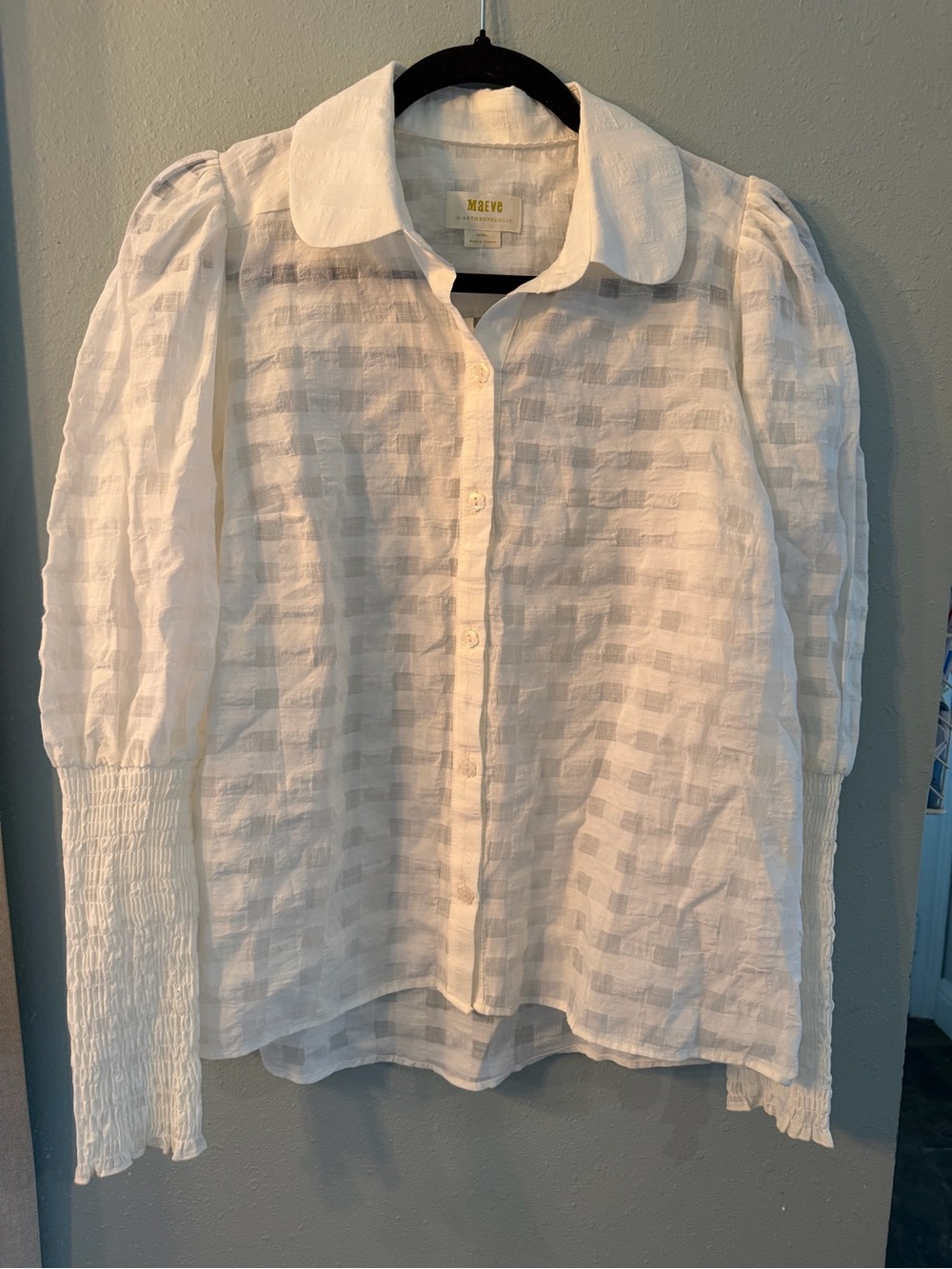 NWT Anthropologie Maeve White Textured Button Front Blouse Smocked Cuff XS